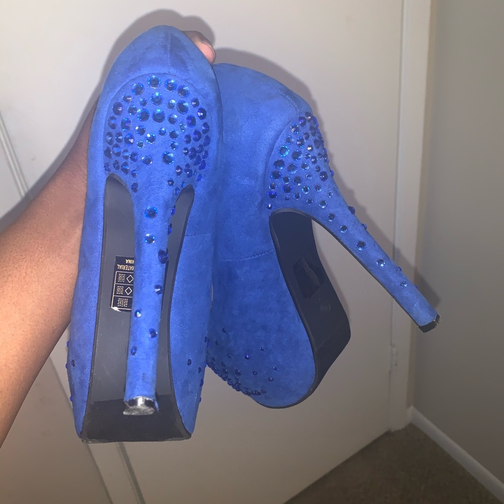 Faux blue suede stilettos with blue crystal